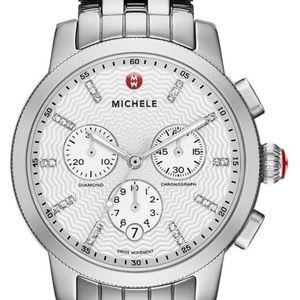 Michele Silver Chronograph Watch with Red Accent